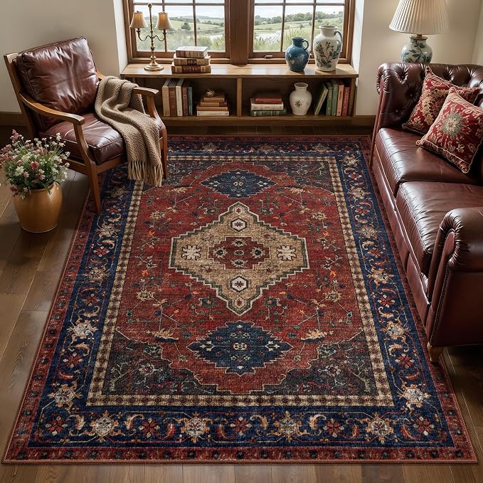 Tangsoo Oriental 3x5 Washable Area Rugs, Red Boho Non Slip Accent Rug | VIntage Indoor Print Distressed Carpet, Soft Low Pile Rug for Living Room Dining Bedroom Bedside Entryway Red Beige Decor