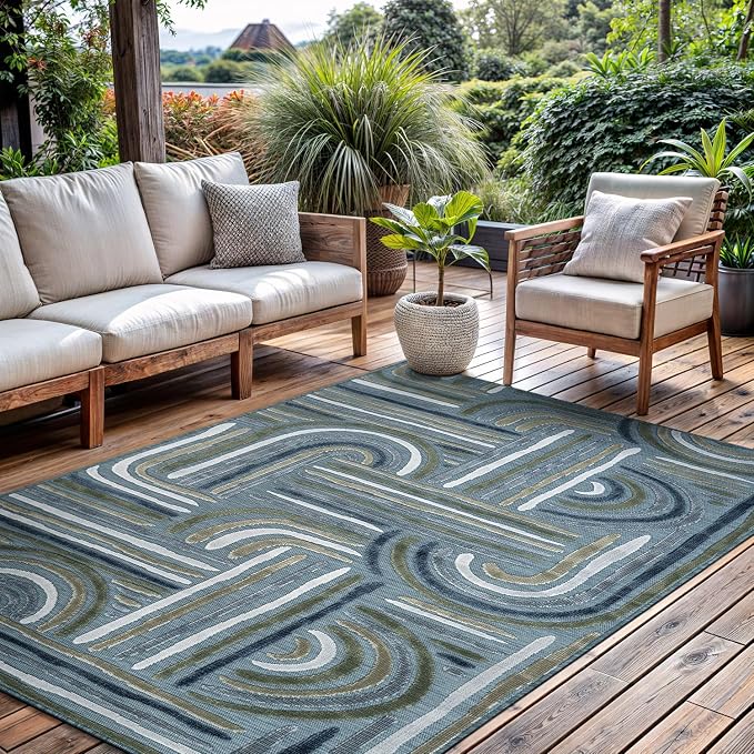 CAMILSON Indoor Outdoor Rug, Aqua 6x9 Geometric Arch Striped Area Rugs for Patio and Home Areas, Easy-Cleaning Non-Shedding Living Room, Garden and Deck Washable Outside Carpet (6 x 9)