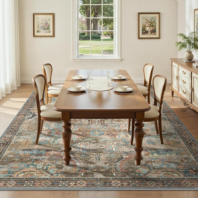 5x7 Area Rugs, Vintage Retro Soft Washable Rug, Non-Slip Low Pile Rugs for Living Room, Bedroom, Dining Room, Stain Resistant Home Decor Rug (Vintage Olive Green)