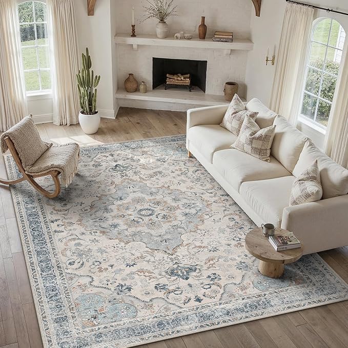 Blue Area Rug 10x14 Living Room Vintage Floral Non-Slip Carpet | Machine Washable, Soft, Low Pile, Distressed, Large for Bedroom, Dining Room, Office, Retro Neutral Decor