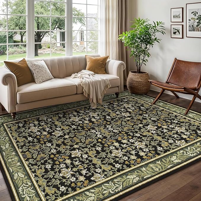 GarveeHome 6x9 Area Rugs for Living Room: Washable Bedroom Rug Green Black | Boho Vintage Non Slip Soft Low Pile Stain Resistant Indoor Carpet for Farmhouse Dining Room Nursery Home Office