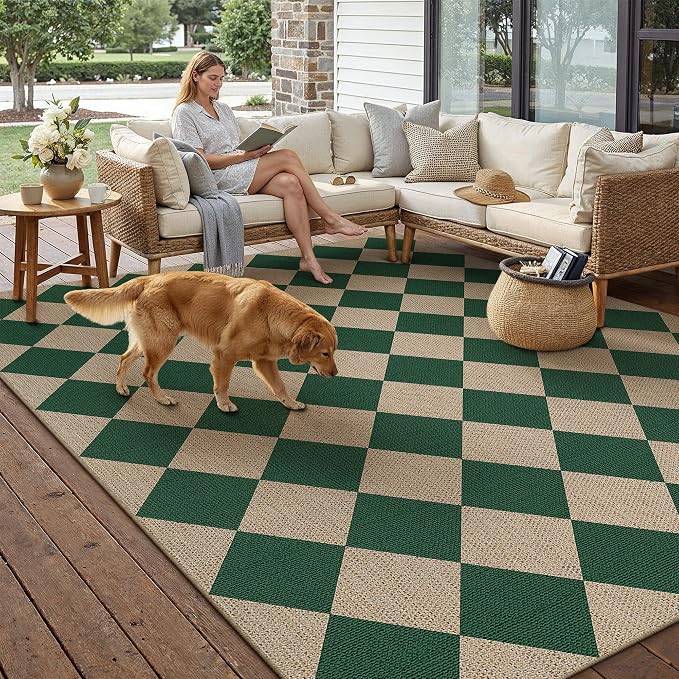 PureCozy 6x9 Checkered Easy Jute Area Rug for Living Room Large Checkerboard Washable Indoor Outdoor Carpet Farmhouse Patio Office Mat Geometric Non Slip Green Carpet for Backyard Dining Room