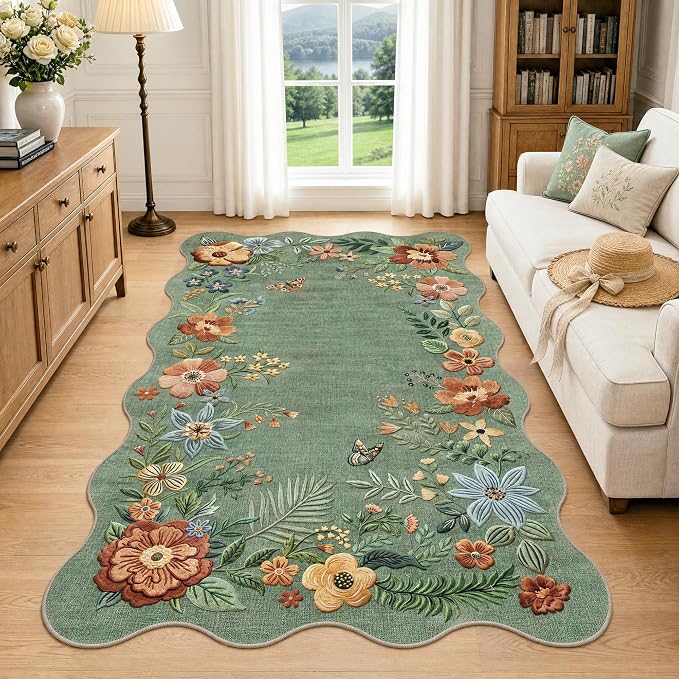 FMFUNCTEX 3x5 Washable Sage Green Floral Scalloped Area Rug for Entryway | Boho Vintage Flower Colorful Traditional Non Slip Low Pile Indoor Carpet Entrance Soft Rug Living Room Bedroom Kitchen