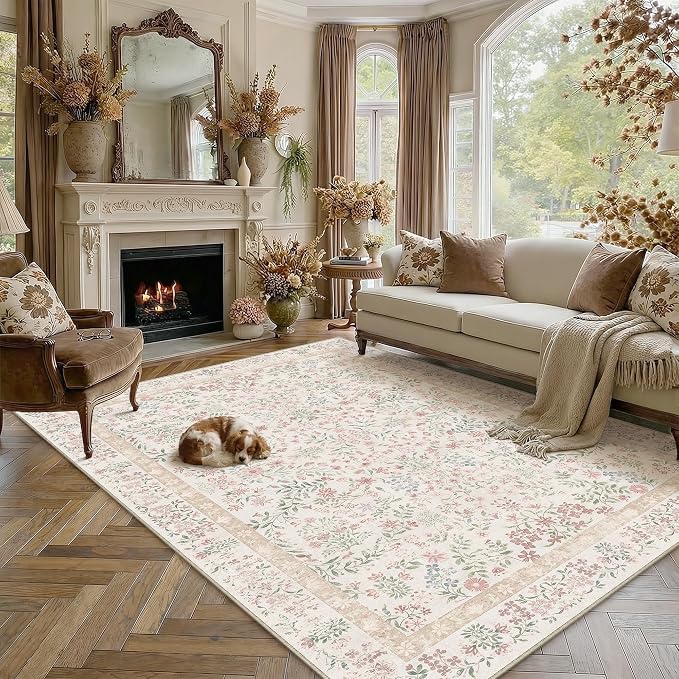 10x14 Pink Floral Area Rug Vintage Farmhouse Style | Washable, Non Slip, Soft Low Pile, Extra Large Carpet for Living Room, Bedroom, Dining Room, Botanical Decor