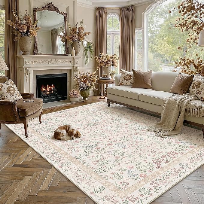 9x12 Pink Floral Area Rug Vintage Farmhouse Style | Washable, Non Slip, Soft Low Pile, Indoor Carpet for Living Room, Bedroom, Dining Room, Botanical Decor