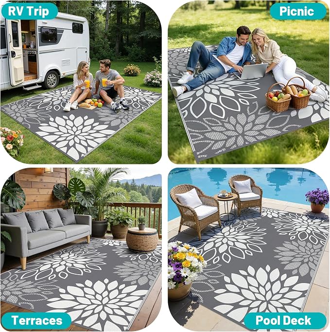 HEBE Waterproof Outdoor Rug 6x9 for Patios, Floral Reversible Plastic Straw Rug Patio Mat, Indoor Outdoor Carpet RV Mat Camping Rug for Deck, Camper, Porch, Balcony, Backyard, Picnic