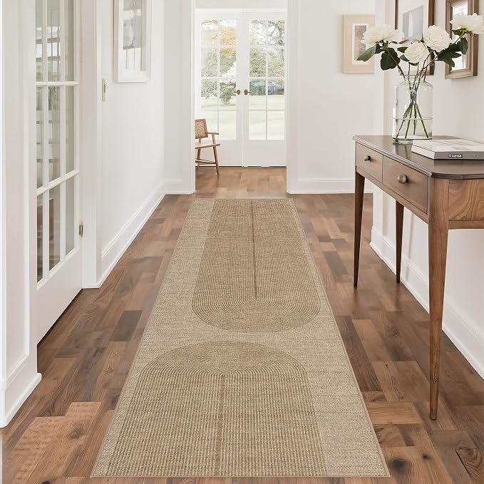 Outdoor Easy Jute Runner Rug: 2.5x8 Modern Natural Area Rugs for Front Patio Hallway Linen-Look Fabric Durable - Neutral Washable Mat for Entryway Kitchen Bedroom - Geometric Arch Pattern