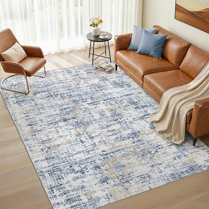 Nakagishi 6X9 Abstract Washable Area Rugs for Living Room-Blue Golden | Modern Non-Slip Silicone Backing Low Pile Soft Carpet for Bedroom Dining Decor Ideal for Families with Kids and Pets