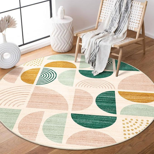 Round Rug 4ft Small Circle Area Rug Washable Non Slip Modern Abstract | Circular Rugs for Entryway Bedroom Kitchen Boho Throw Carpet Soft Low Pile Floor Indoor Bohemian Sage Green