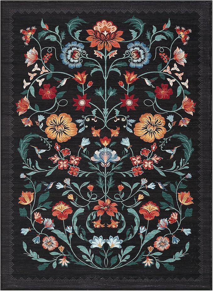 GarveeHome Washable Rug 5x7 Area Rugs for Living Room, Floral Rug for Bedroom, Soft Boho Non Slip Throw Rugs with Rubber Back, Low Pile Stain Resistant Vintage Floral Carpet for Dining Room, Black
