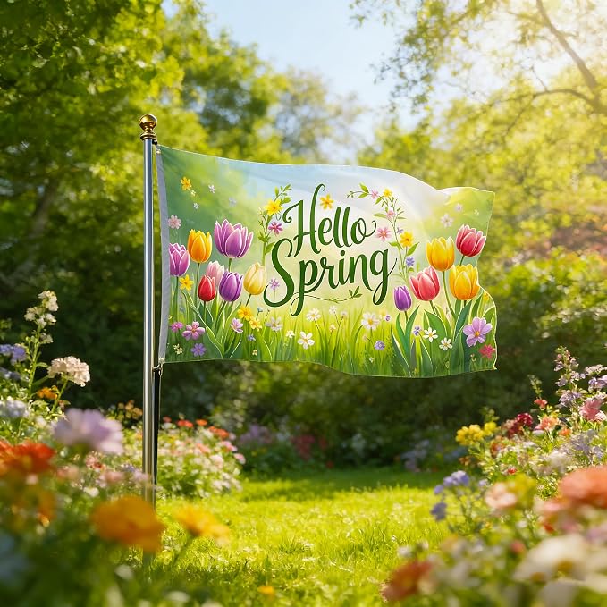 Spring Decorations Hello Spring Flag 3x5 Ft Outdoor Double Sided Printed Polyester All Things Revive Sign for Fence Garden Lawn Yard Home Decorations with 2 Grommets