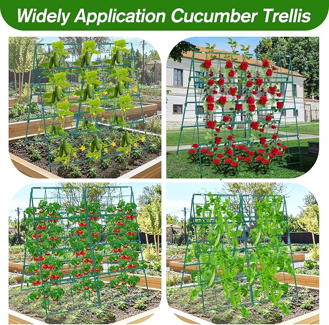 Cucumber Trellis for Raised Bed A Frame Metal Garden Trellis for Climbing Plants Outdoor, 42 x 32IN Foldable Coated Steel Cucumbers Trellis for Vegetable Fruit Flower