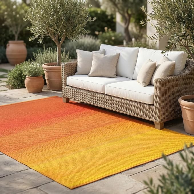 Fab Habitat Ombre Outdoor Rug - Waterproof, Fade Resistant, Crease-Free, Reversible - Premium Recycled Plastic - Patio Porch Balcony Deck - Big Sur Sunset - 8x10 ft