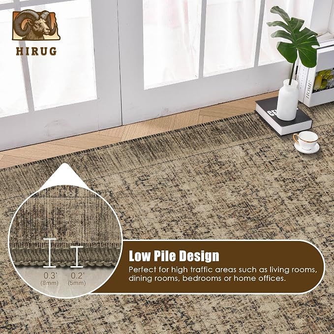 Washable Area Rug 5' x 7' Vintage Traditional Persian Mat - Foldable Distressed Non-Slip Machine Washable Carpet for Living Room Bedroom Kitchen Home Decor - Mocha and Taupe