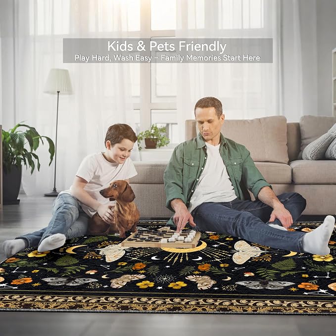 Nayoroom Gothic Luna Moth Black Area Rug, Machine Washable, 8 x 10 ft | Luna moth fantasy motif; Dark academia style; Soft surface; Machine washable; Non-slip backing; Living room or bedroom
