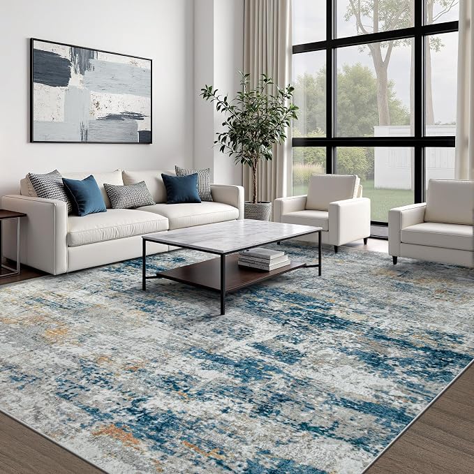 pmtsns Area Rugs 8x10 for Living Room: Washable Rug Modern Abstract Neutral Soft Non-Slip Low-Pile Indoor Large Carpet for Bedroom Dining Room Home Office Children's Room(BlueGreyGold, 8'x10')