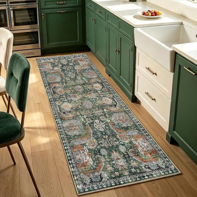 Washable Area Rugs - Perfect for Living Room, Bedroom, Kids Room, Nursery - Stain & Water Resistant Non-Slip, Pet & Child Friendly, Vintage Tribal Area Rugs (Green, 2'6'' x 8')