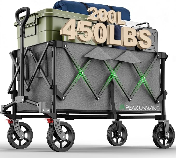 Wagons Carts Foldable,Collapsible Wagon with Wheels,450LBS Heavy Duty Beach Wagon Cart,Lightweight Portable Folding Utility Wagon Cart with Cup Holders for Camping, Garden, Sports, Grocery pcs (Gray)