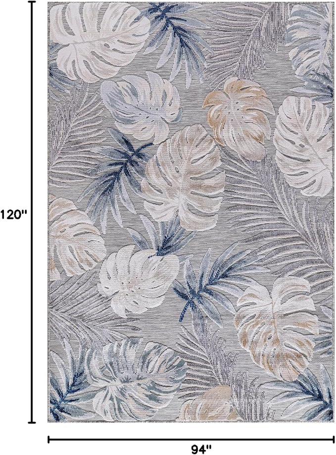 CAMILSON Indoor Outdoor Rug, Blue 7’10”x10’ Leaf Tropical Botanical Area Rugs for Indoor and Outdoor patios, Easy-Cleaning Non-Shedding Living Room, Garden and Kitchen Washable Outside Carpet (8x10)