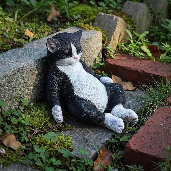 Cat Statue Outdoor Cat Figurines Garden Decor, Black & White Cat Statue Figurine Decor Sculpture for Patio, Yard, Resting Tuxedo Cat Statues for Indoor Table Accessory, Gift for Mom & Cat Lovers