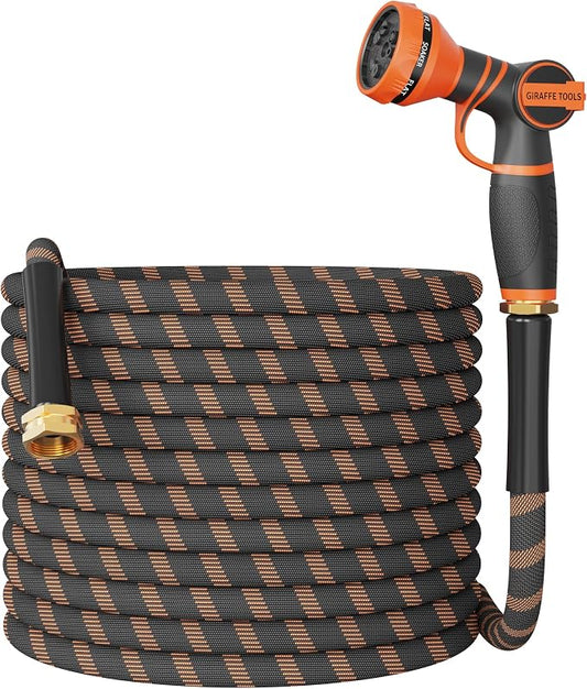Giraffe Tools Non-Expandable Garden Hose 75FT 1/2” Lightweight Flexible Water Hoses Burst 600 psi with 9 Spray Function Nozzle Heavy Duty Hose
