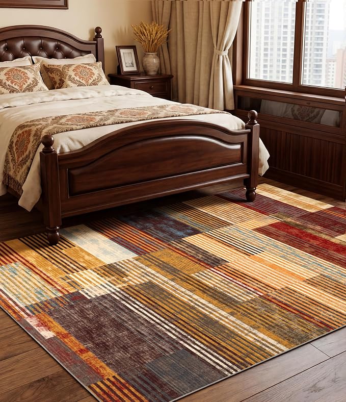 Brown Area Rug 4x6, Farmhouse Rugs Washable,Vintage Burgundy Carpets for Bedroom,Burnt Orange Area Rug Non Slip,Geometric Boho Rug for Kitchen,Dining Room