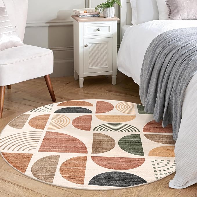 Round Rug 4ft Small Circle Area Rug Washable Non Slip Modern Abstract | Circular Rugs for Entryway Bedroom Kitchen Boho Throw Carpet Soft Low Pile Floor Indoor Bohemian Terracotta