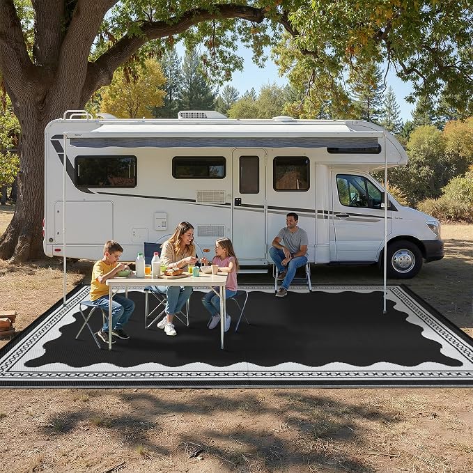 Garvee Outdoor Rug 5x8 Scalloped Waterproof Patio RV Outdoor Rugs Reversible Foldable Plastic Straw Rug Modern Camping Carpet for Deck Camper Porch Balcony Backyard Picnic Beach Black and White
