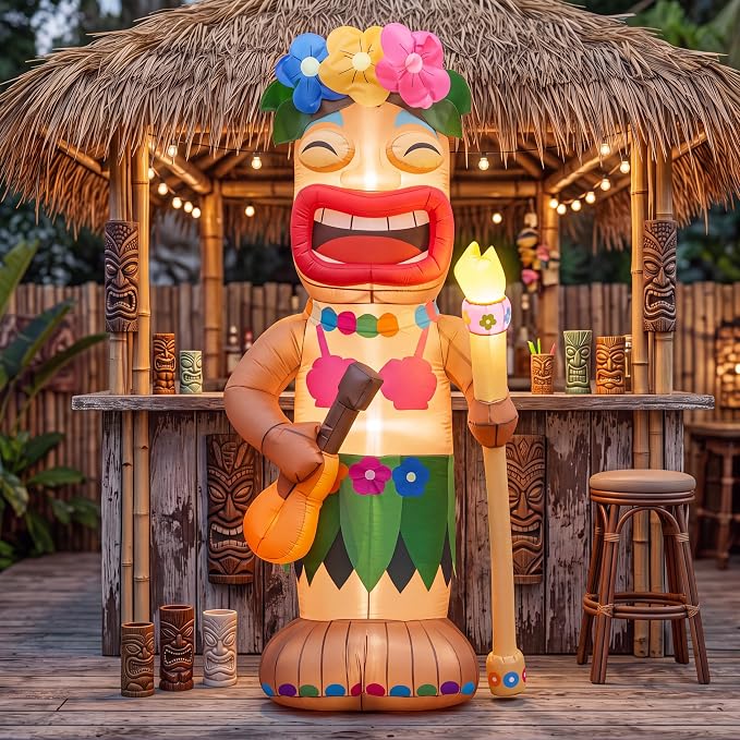 Shappy 5ft Inflatable Tiki Guitar Lighted Blowup Hawaiian Pool Party Decor | Luau Tropical Inflatables Giant Outdoor LED Tiki Blow up Aloha Bar Beach Summer Pool Surfing Party Decorations