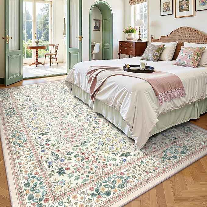 6x9 Area Rugs, Machine Washable Low Pile Floral Rugs for Living Room, Bedroom, Large Boho Area Rug with Non-Slip Backing for Dining Room(Pink Floral)