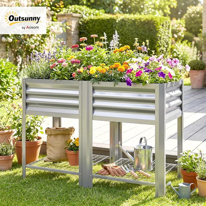 Outsunny Galvanized Steel Raised Garden Bed with Storage Shelf and Bed Liner, Elevated Planter Box with Legs for Flowers, Vegetables, and Herbs, for Outdoor Patio Yard, Glove Included, Silver