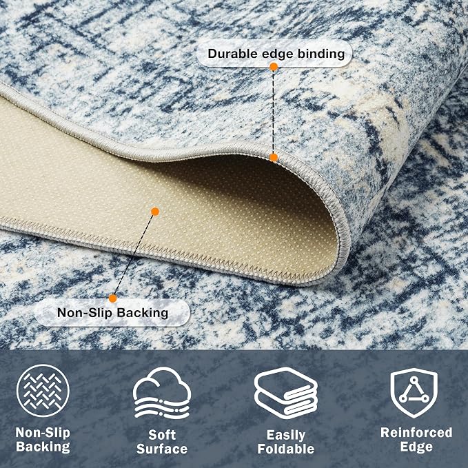 6x9 Washable Area Rug for Living Room Bedroom: Non-Slip Modern Blue Gold | Machine Washable TPR Backing, Stain-Resistant Low Pile, Pet & Kid Friendly, Abstract Decor for Dining Room, Dorm, Home Office