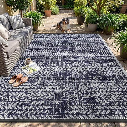 MontVoo Outdoor Rug Waterproof-Patio Rug Mat 5x8 Outdoor RV Camping Picnic Beach Mat Plastic Straw Rugs Outside Outdoor Area Rugs for Balcony Deck Backyard Navy Blue