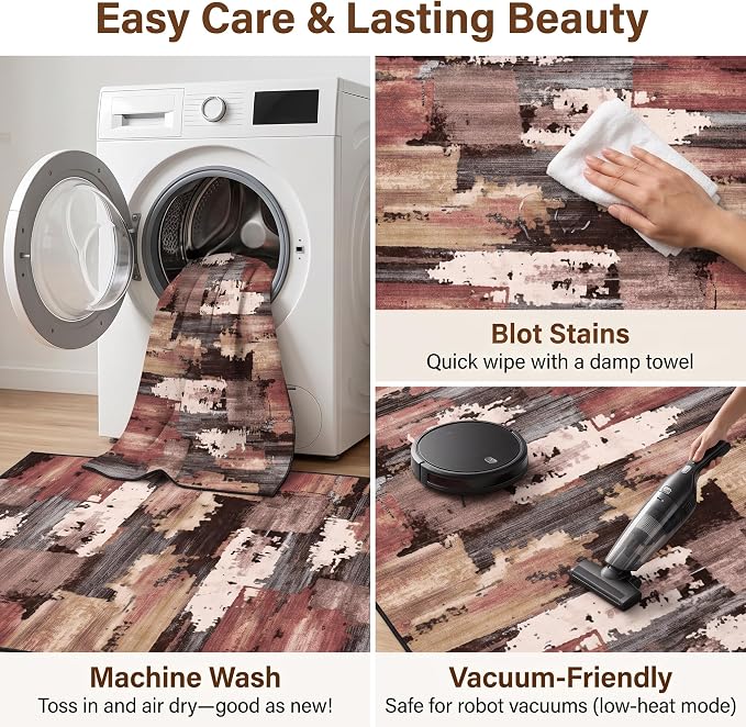 5x7 Rust and Beige Distressed Patchwork Area Rug for Living Room | Soft Low-Pile Machine-Washable Rug with Non-Slip Backing for Bedrooms, Dining Rooms and Home Offices, Designed for Easy Care