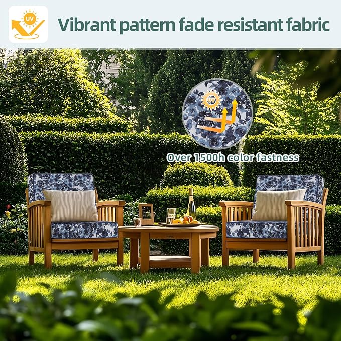 Favoyard Deep Seat Patio Cushion 22 x 22 x 3 in Waterproof Seat & Back Cushion Set with Color Fade Resisitant Pattern, Portable Handle, Attach Straps, Zipper on Removable Cover for Outdoor Furniture