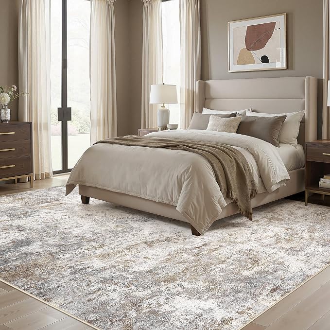 UERMEI 12x14 Area Rug Living Room Rugs Extra Large Brown Grey Carpet | Washable Neutral Modern Abstract Non-Slip Soft Low Pile Floor Rugs for Bedroom Dining Room Home Office Indoor Decor