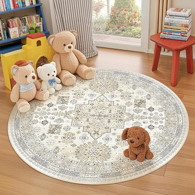 Round Rug 6ft,Circle Rug for Dining Room Table,Beige | Washable Rugs for Kitchen,Entryway,Bedroom,Dining Room,Nursery Room,Thin,Soft Runner Rug,Stain Resistant Indoor Carpet