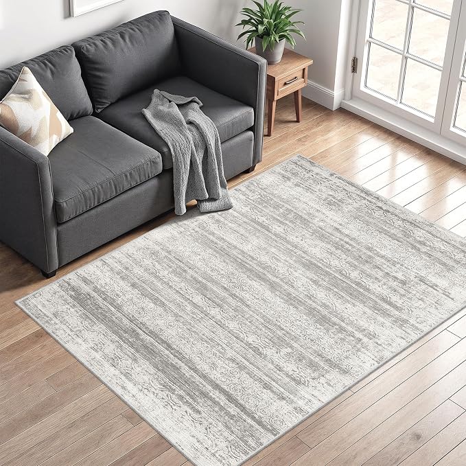 Miukiki 4x6 Washable Area Rug Non Slip Rug for Living Room Grey | Moroccan Soft Low Pile Indoor Area Rug for Living Room Bedroom Dining Room Stain Resistant Carpet with Easy Care 4'x6'