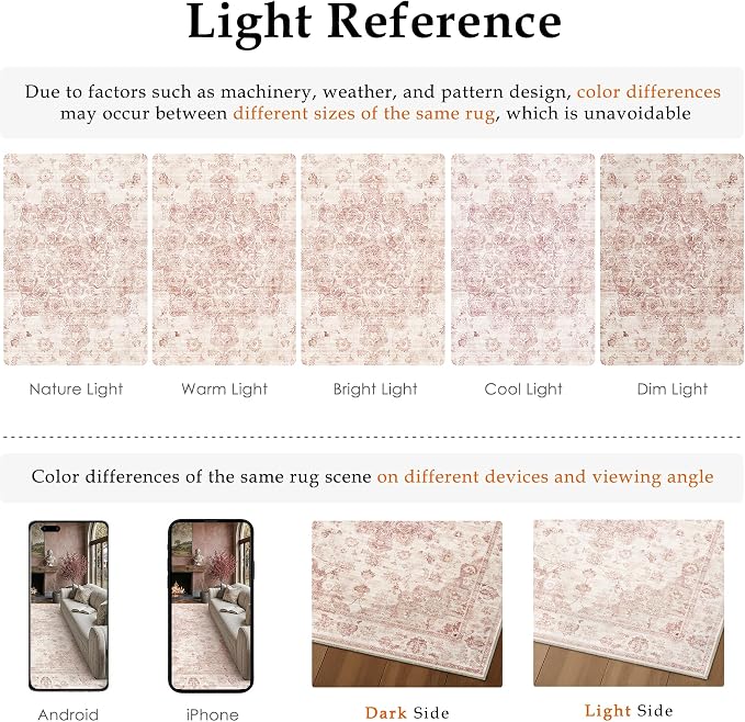 8x10 Pink Neutral Area Rug | Washable, Non Slip, Soft Low Pile, Vintage Farmhouse, Large, for Living Room Bedroom Dining Room Office Indoor Home Decor