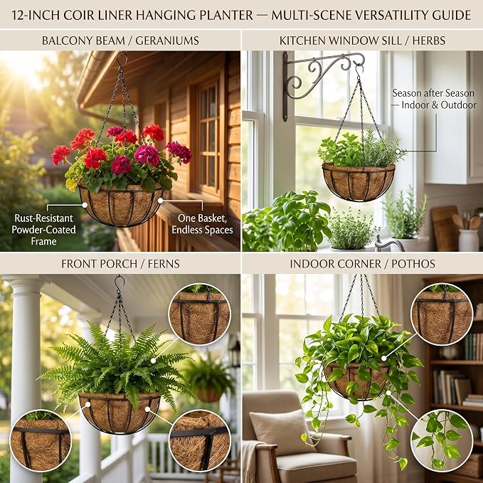 Kingbuy 12" Metal Hanging Basket for Herbs & Flowers – 6" Depth Rust-Resistant Wire with Coconut Liner & Adjustable Chains for Kitchen Window, Balcony & Garden - 1 Pack