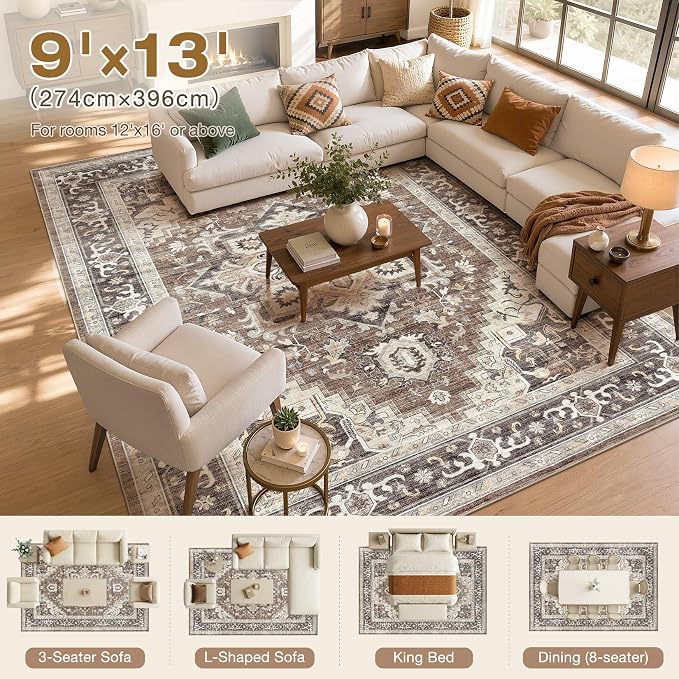 DTICON Vintage Washable 9x13 Area Rug Living Room Rugs, Dark Brown | Boho Distressed, Pet & Kid Friendly, Non-Slip Backing, Soft Polyester, Low-pile Carpet for Living Room, Bedroom, Dining Room
