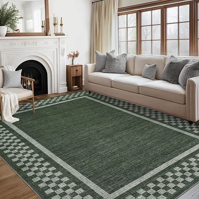 GarveeHome 5x7 Washable Checkered Area Rug for Bedroom Living Room Non Slip | Modern Bordered Throw Rugs Low Pile Soft Dining Room Area Rugs Geometric Throw Carpet for Kitchen Nursery Office, Green