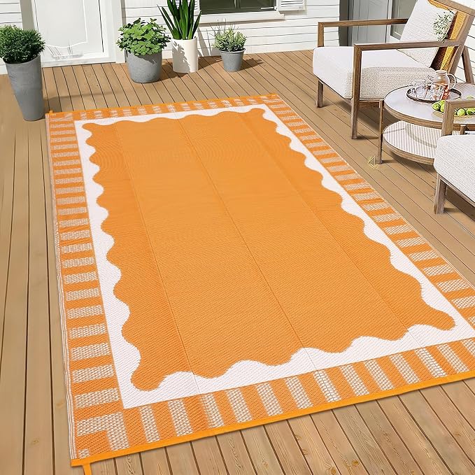 Garvee Large Waterproof Outdoor Rug 9x12 Outdoor Patio Rug, Modern Scalloped Reversible Plastic Straw Camping Rugs, Bordered Outside Carpet for Picnic Backyard Deck Balcony Trailer, Orange