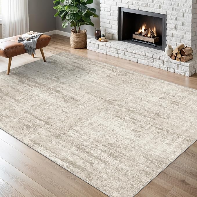 Valenrug 4x6 Area Rug for Entryway, Non Slip Washable Bedroom Rug, Beige | Soft & Lighweight, Folable, Stain Resistant Low Pile Thin Indoor Distressed Carpet Rugs for Living Room,Laundry Room,Kitchen