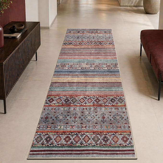 Keen Home Design Vintage Washable Runner Rug, Non-Slip Low Pile, 2x12 | Machine Washable Cotton Chenille, 0.25In Low Pile, Rubber Non-Slip Back; Hallway, Kitchen, Dining Room, Entryway