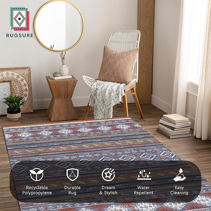 Washable Area Rugs 8' x 10' - 1/6 Thick - Moroccan-Inspired -Stain & Water Resistant Non-Slip - Resistant Rug for Living Room, Bedroom, Nursery, Pet & Child Friendly (Blue and Red)