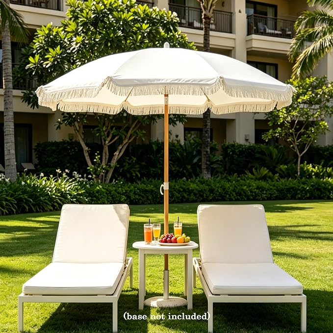 Seazul 5.2ft Patio Umbrella with Fringe, Beach Umbrella, Fringe Umbrella Outdoor Patio, Tilting Steel Pole, UV 50+, Fiberglass Ribs, Elegant Cream
