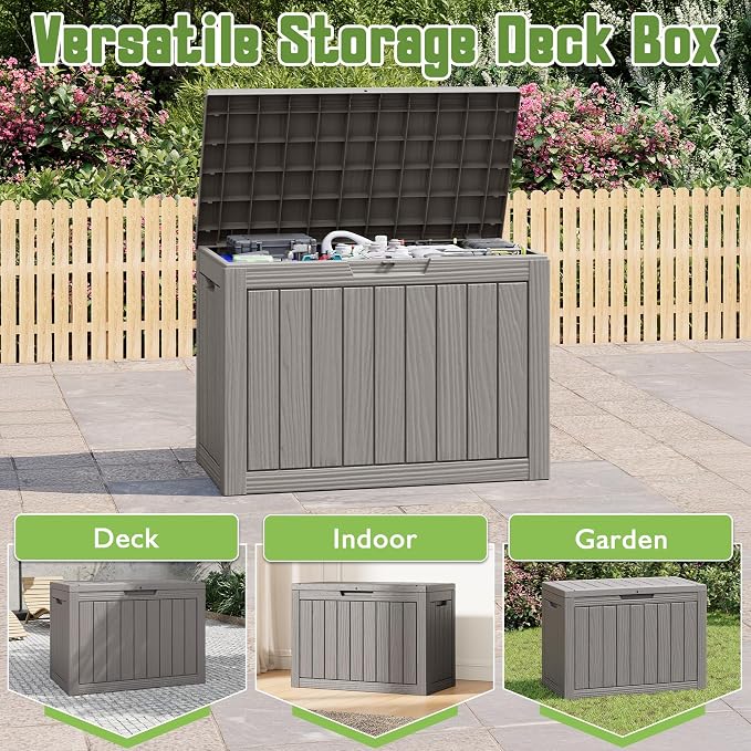 Outdoor Storage Box, 45 Gallon Deck Box with Lockable Lid, Waterproof Resin Storage Bin for Cushions, Garden Tools, Patio Furniture, Grey