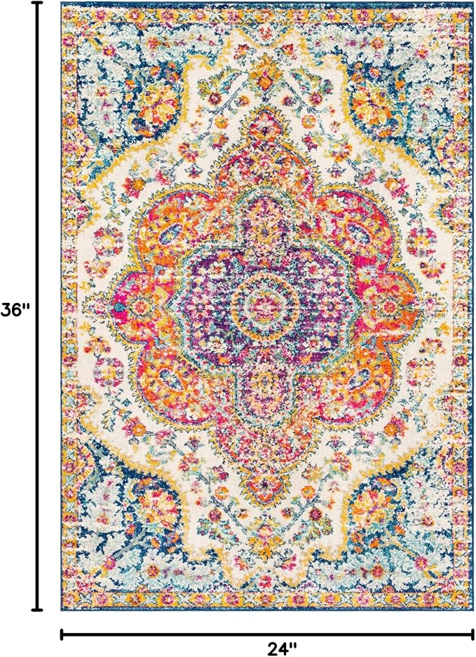 Livabliss Area Rugs - 2x3 Romaine Vintage Boho Fuchsia Mustard Blue Area Rug for Living Room Bedroom - Floral Medallion Stain Resistant Carpet for Kitchen, Nursery, Office (2' x 3')