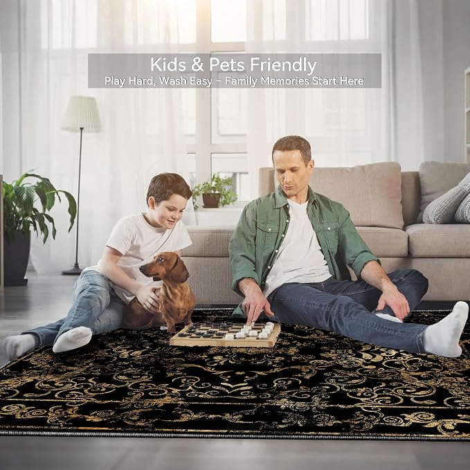 Nayoroom Black and Gold Baroque Area Rug, Machine Washable, 8 x 10 ft | Ornate filigree pattern; Symmetrical scroll border; Soft surface; Machine washable; Non-slip backing; Living room or bedroom